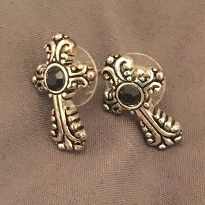 Silver cross earrings with black stone